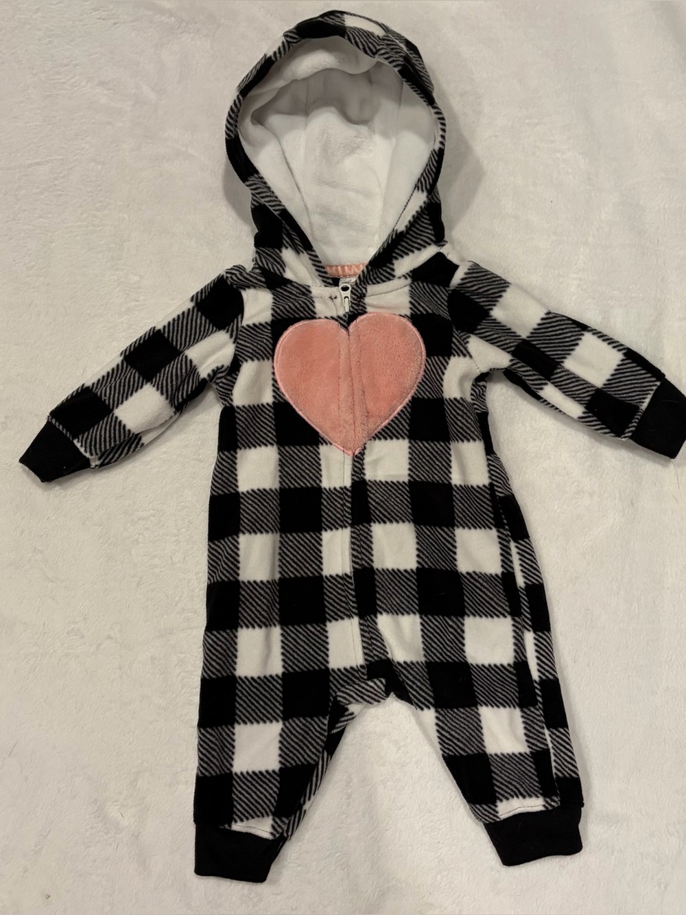 Carter's Black & White Buffalo Plaid Fleece One-Piece with Pink Heart